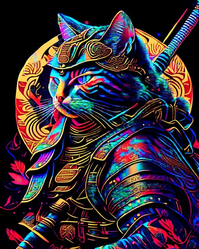 Gato Samurai cuerpo completo arte vectores hiperdetallado maximalismo colores contrastantes cinematográfico 8k