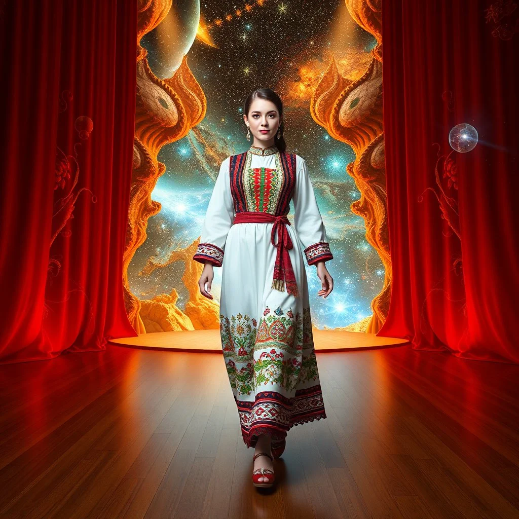 A full-body shot of a beautiful lady wearing ozbek folk costum walking on a nice stage and looking at the camera 3D fractal interstellar world.