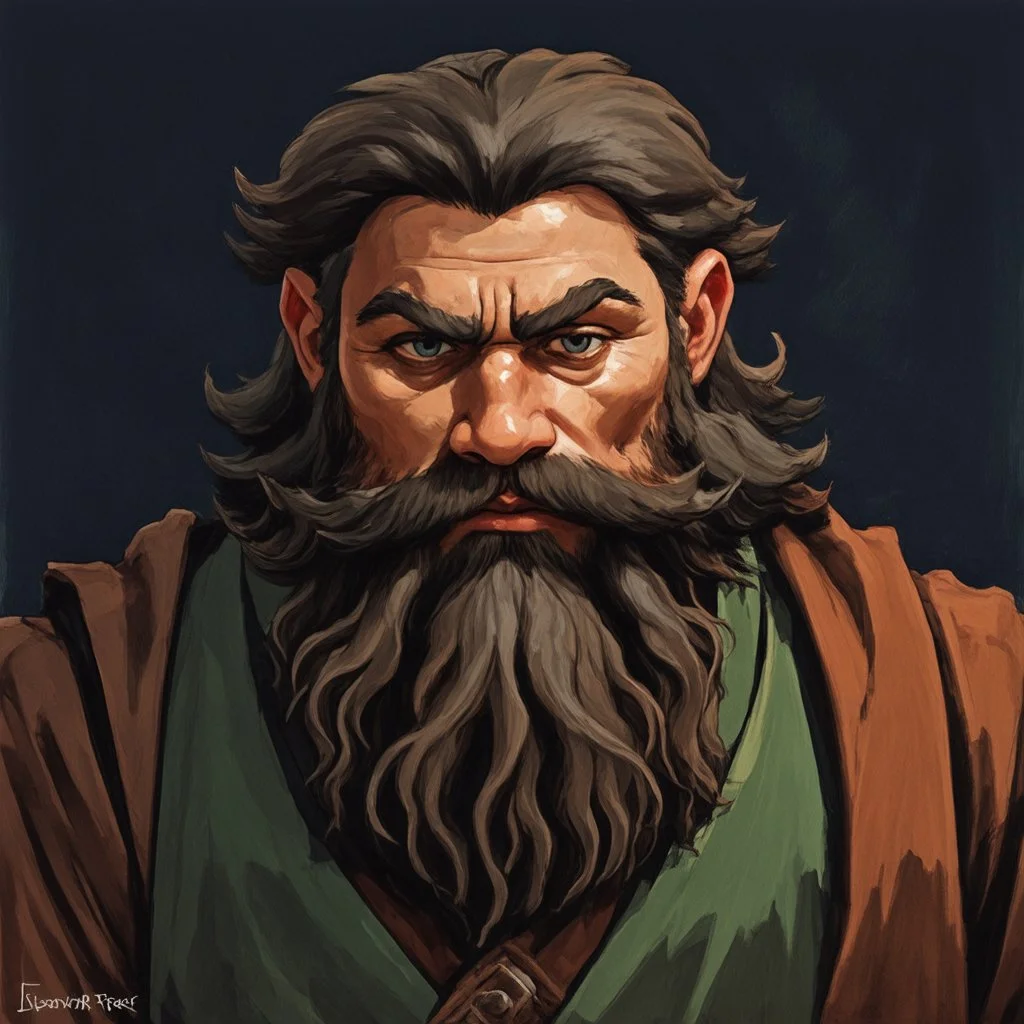 dnd, fantasy, watercolour, stylistic, portrait, illustration, dull colours, male, dwarf, face, bearded, long brows, frugal