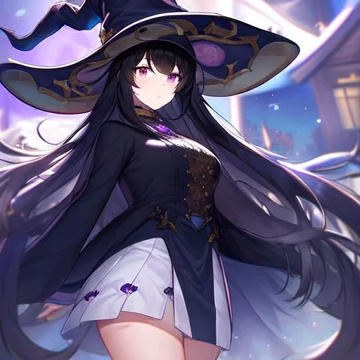 Clear focus, High resolution, Black long fluffy hair, purple eyes, wearing a witch outfit, wearing a white short skirt