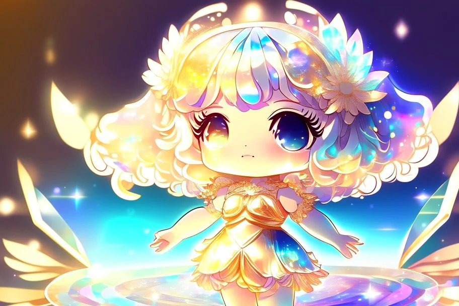 cute chibi goddess in holographic dress in sunshine