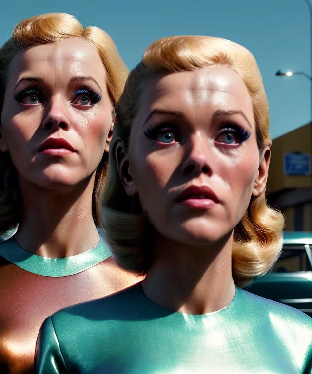 Ultra Realistic retro sci-fi movie Supermarket parking scene, 1960 year, waist up view portrait, 2 clones blonde women, sweet young Jane Fonda face, perfect iris, glow eyes, face makeup, tight latex coat, Scare people background, Retro sci-fi style, soft color, highly detailed, unreal engine 5, ray tracing, RTX, lumen lighting, ultra detail, volumetric lighting, 3d, finely drawn, high definition, high resolution.