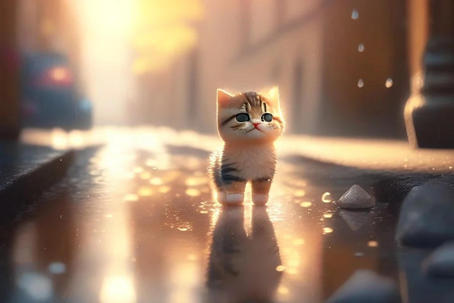 cute happy chibi cat standing on a wet cobblestone road in sunshine, ethereal, cinematic postprocessing, bokeh, dof