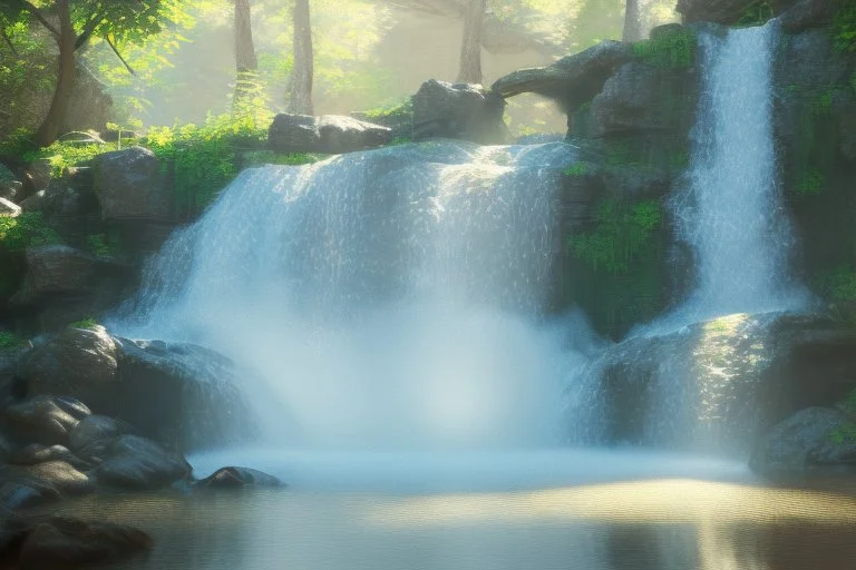 Waterfall, sunny day, impressionism painting