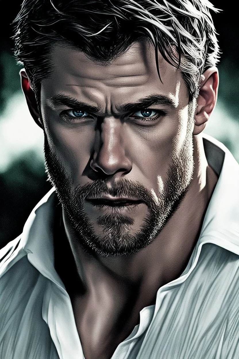 Portait young chris hemsworth as fantasy alpha werewolf in human form very muscular short cropped black hair and stubble on chin, tribal tattoos wearing white button up shirt with rolled up sleeves realistic face, close-up, dark fantasy, fantasy forest, intricate details, hyper detailed, photograph