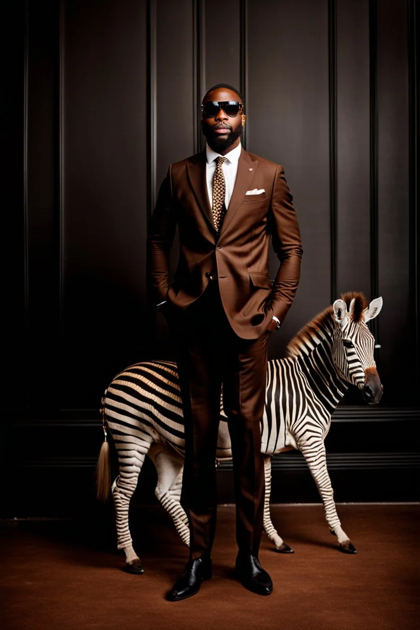 Portrait of an {Zebra} wearing a {brown} suit and sunglasses, {black} color background, realistic photography, shot on Sony dslr camera, Fujifilm --s 250