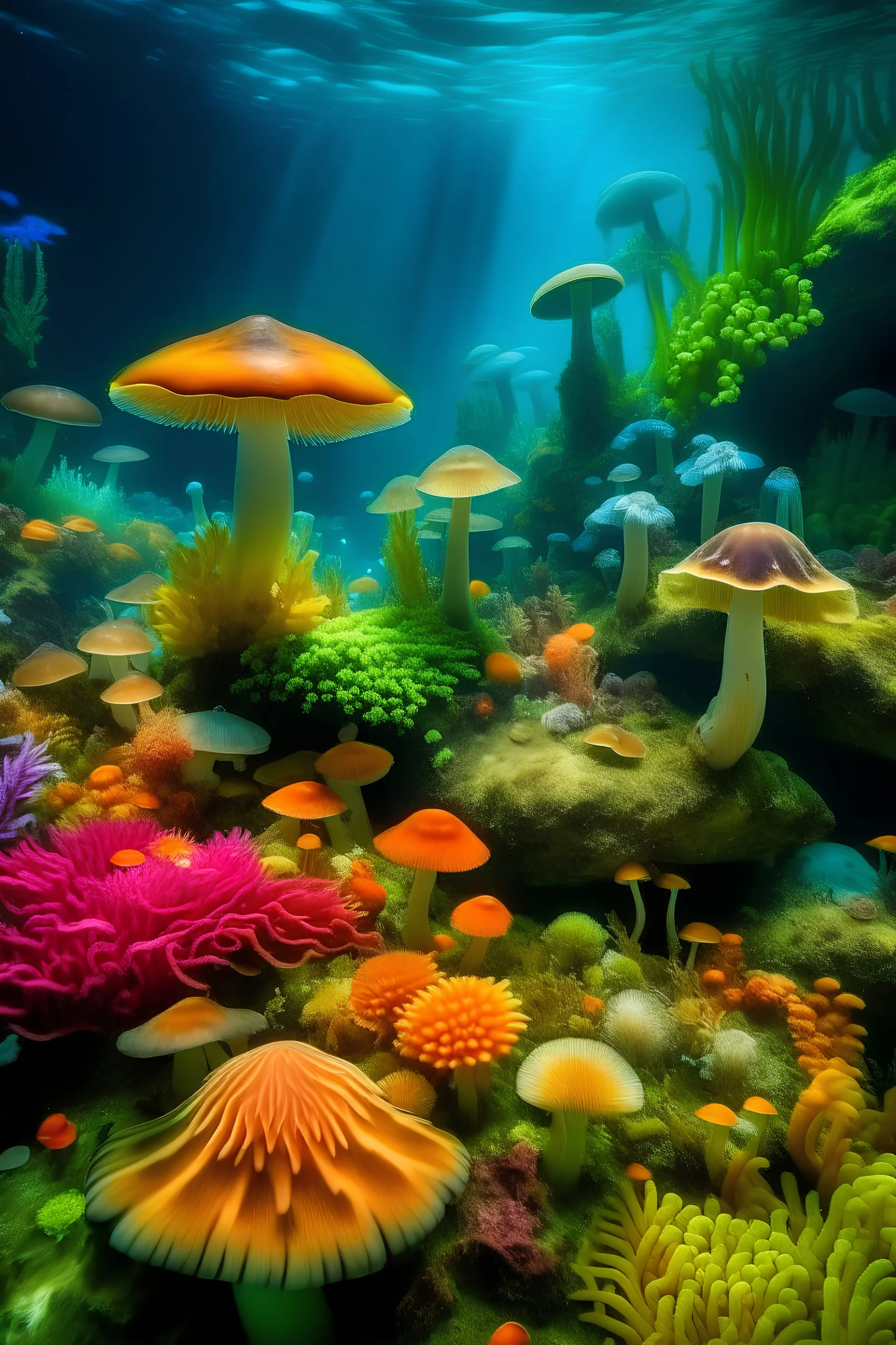 Paisaje subacuatico de hongos de colores y abundante vegetacion, cangrejos y ostras