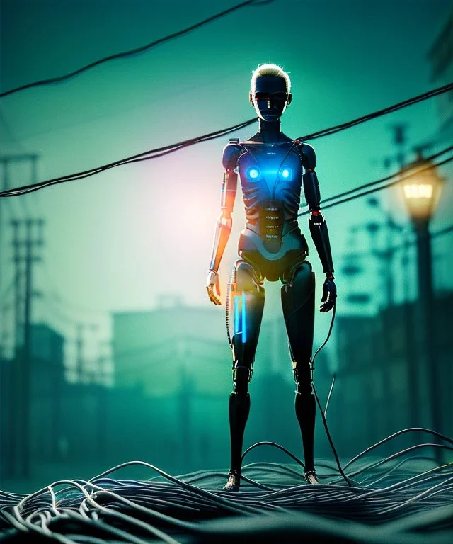 Ultra realistic photographic night portrait, cinematic, <blonde woman> <hanging wires> many wires coming out of the head <perfect pupil> <cyborg arm> <garage> <wide angle Shot> <sci-fi futuristic> <thriller>, fog, soft color, highly detailed, unreal engine 5, ray tracing, RTX, lumen lighting, ultra detail, volumetric lighting, high definition.