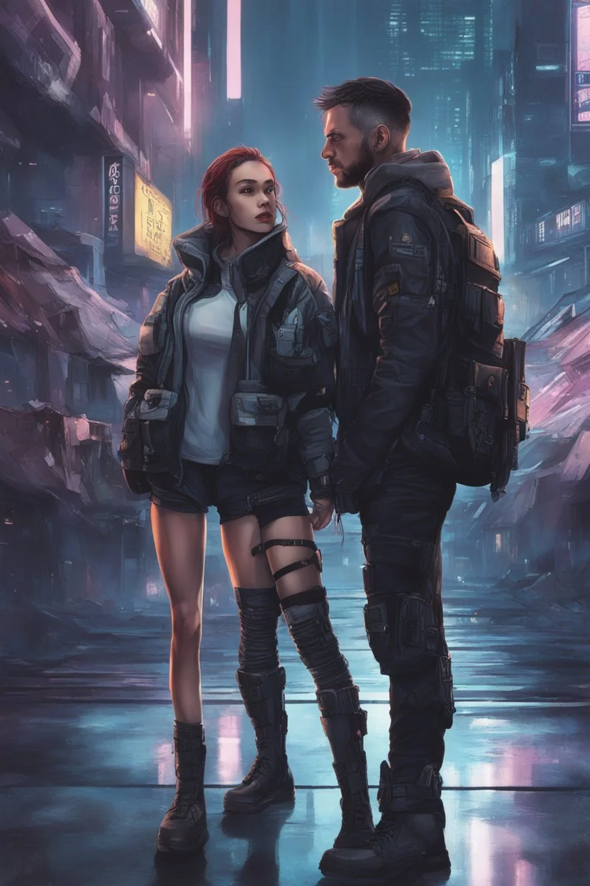 Science fiction, cyberpunk, city, couple girl and guy, together