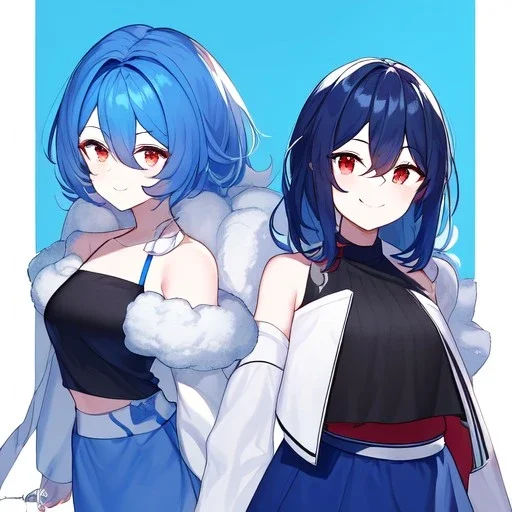 Clear focus, High resolution, rough line art, cute, cartoon, medium blue hair, hair between eyes, fluffy hair, red eyes, wearing a black sleeveless crop top, wearing a white jacket thats of her shoulders, wearing a blue skirt, cutsleeves blue strap and white color, intricately detailed outfit, smiling