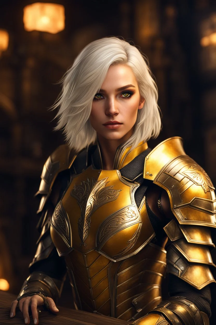 glowing yellow eyes, female paladin aasimar, platinum blonde bob hair, detailed ornamental armor, 8k, high detail,tavern background, facing viewer