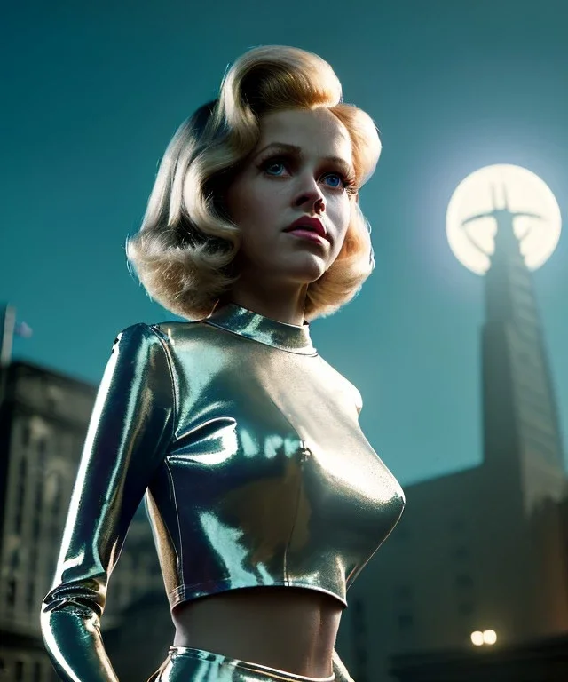 Ultra Realistic retro sci-fi movie San Francisco scene, 1960 year, waist up view portrait, a super giant blonde woman, sweet teenager Jane Fonda face, perfect iris, glow eyes, face makeup, tight latex coat, many people, Retro sci-fi style, soft color, highly detailed, unreal engine 5, ray tracing, RTX, lumen lighting, ultra detail, volumetric lighting, 3d, finely drawn, high definition, high resolution.