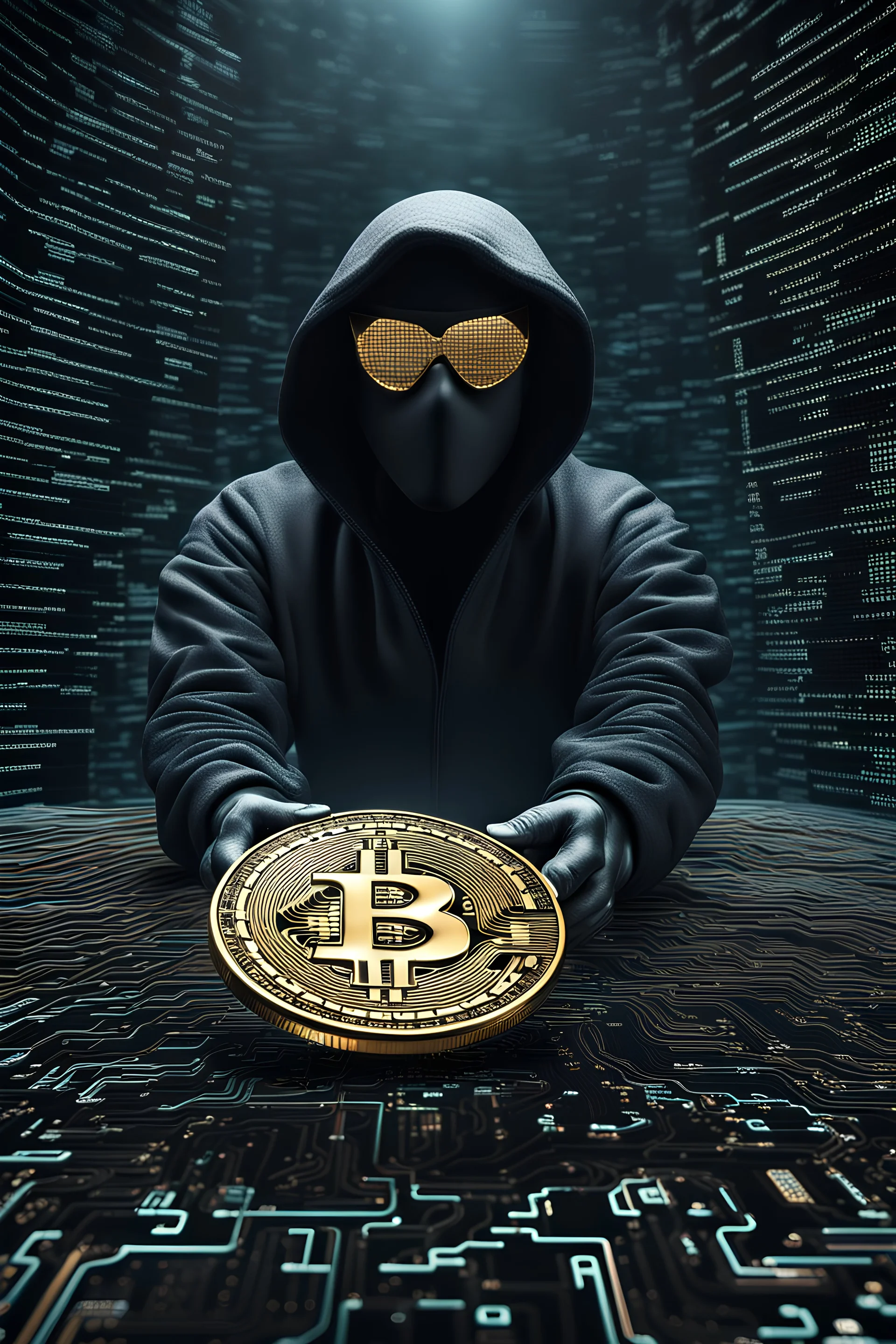 Bitcoin hacker matrix, photorealistic, soft colors, shoot with leica lens , photo by Salgado