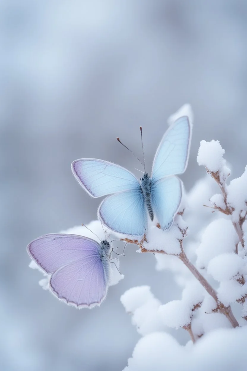 Light purple and light blue butterflies in the snowy winter