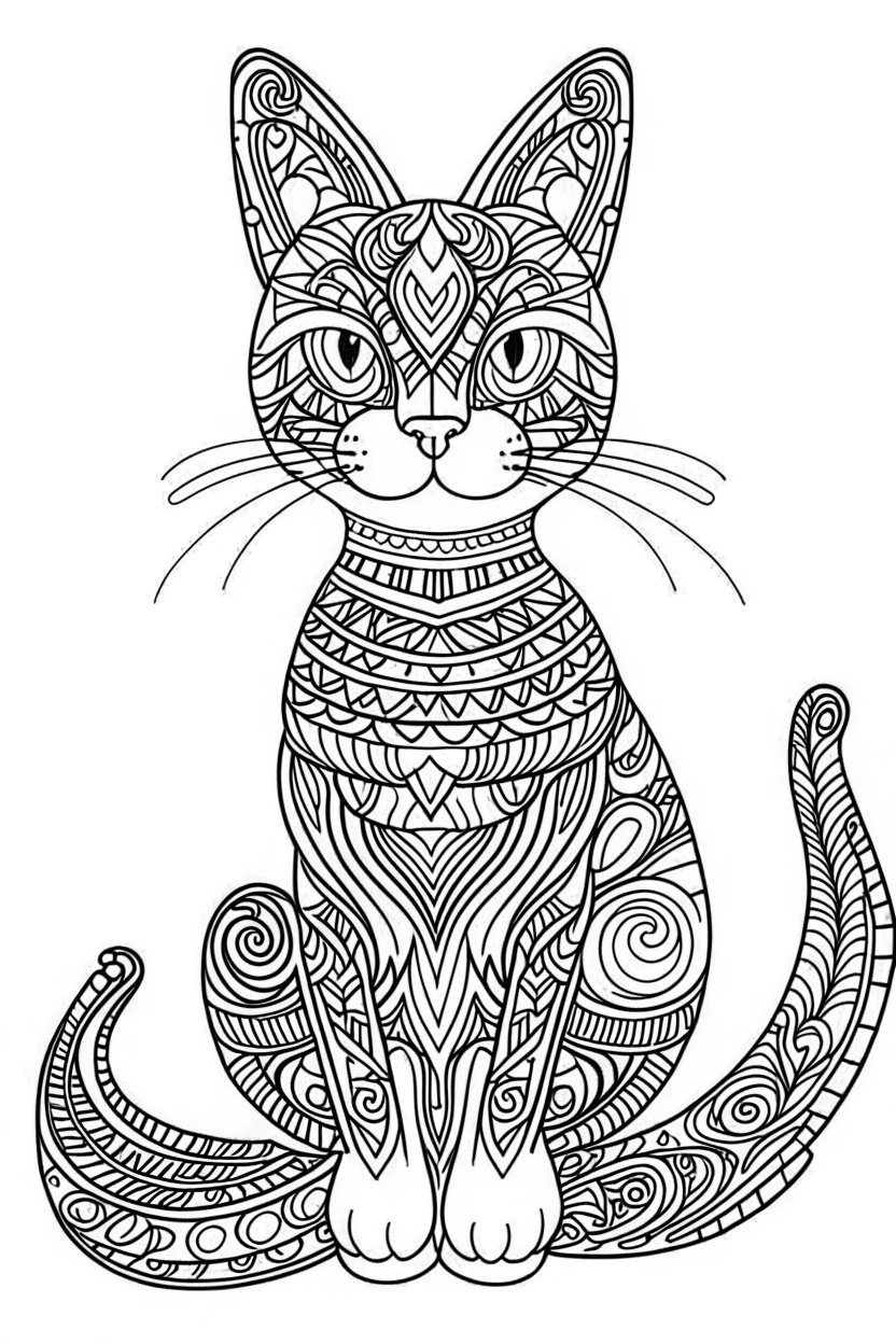 A simple coloring book page drawing with only thick black lines on a white background of a full length body of a kitten mandala of the cat breed BORNEO BAY CAT with one tail in the minimalist style. No shading. No gray. No shadows. No color. This coloring book page would appeal to children aged sixteen through adults and have clean lines for a design that is easy to color. Style raw. Aspect ratio 9:11