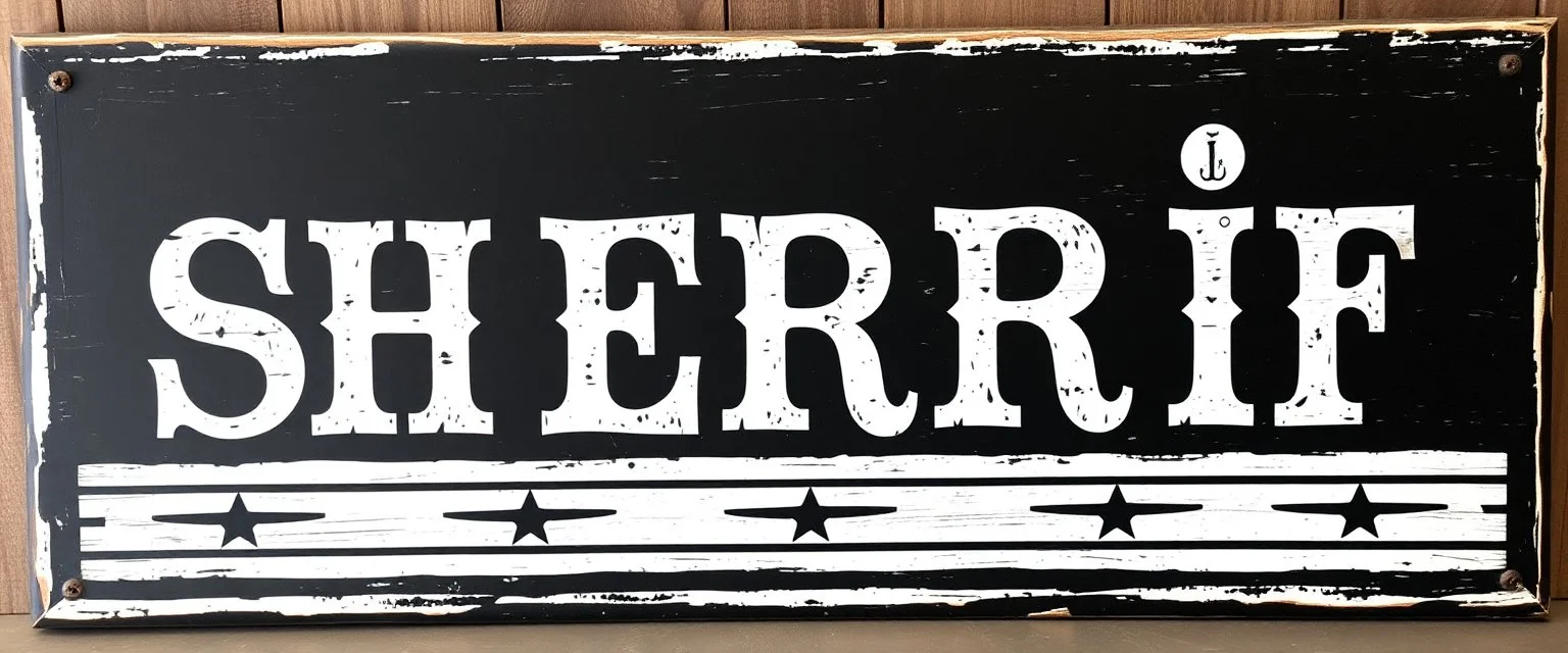large and wide hand painted old western sign that reads: "SHERRIF" white on black with inset boarder stripe in white