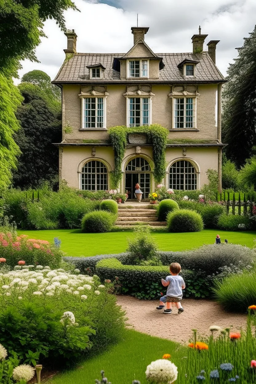 واجهة منزل ريفي حوله حديقة بأزهار جميلة واطفال يلعبون