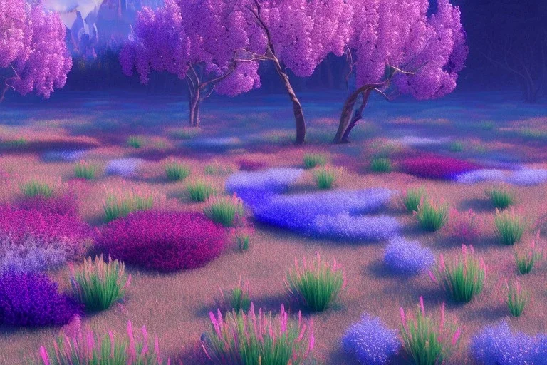 monde en fleurs bleu pink,blue lake, concept art, crépuscule , trees bleu pink violet oranger, vibrant Color, réaliste, crocus