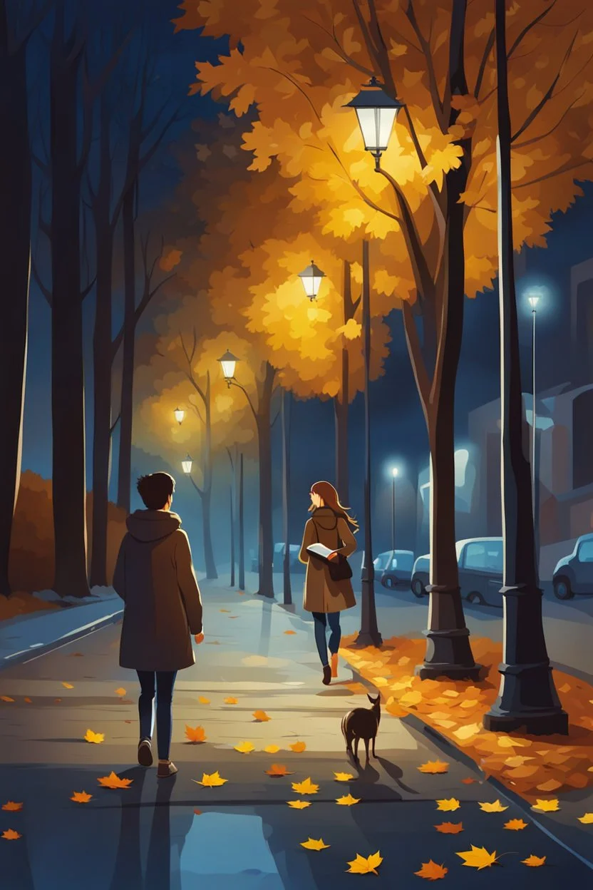 night yellow lights over the street trees autumn leaves under feet ,a Student adult girl with books in her hand walking in street turned back to talk to a boy walks after her few meters away her back