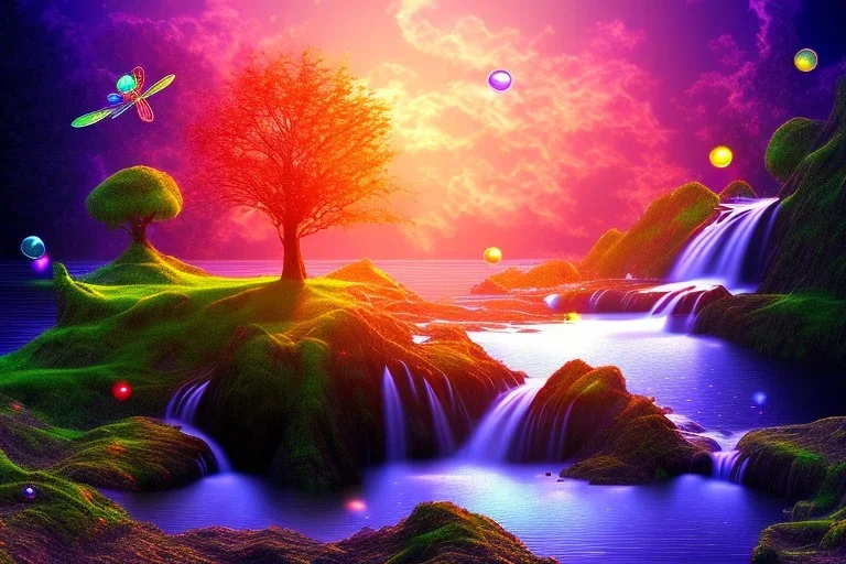 island waterfall bubble spring dragonfly sunset rainbow old tree