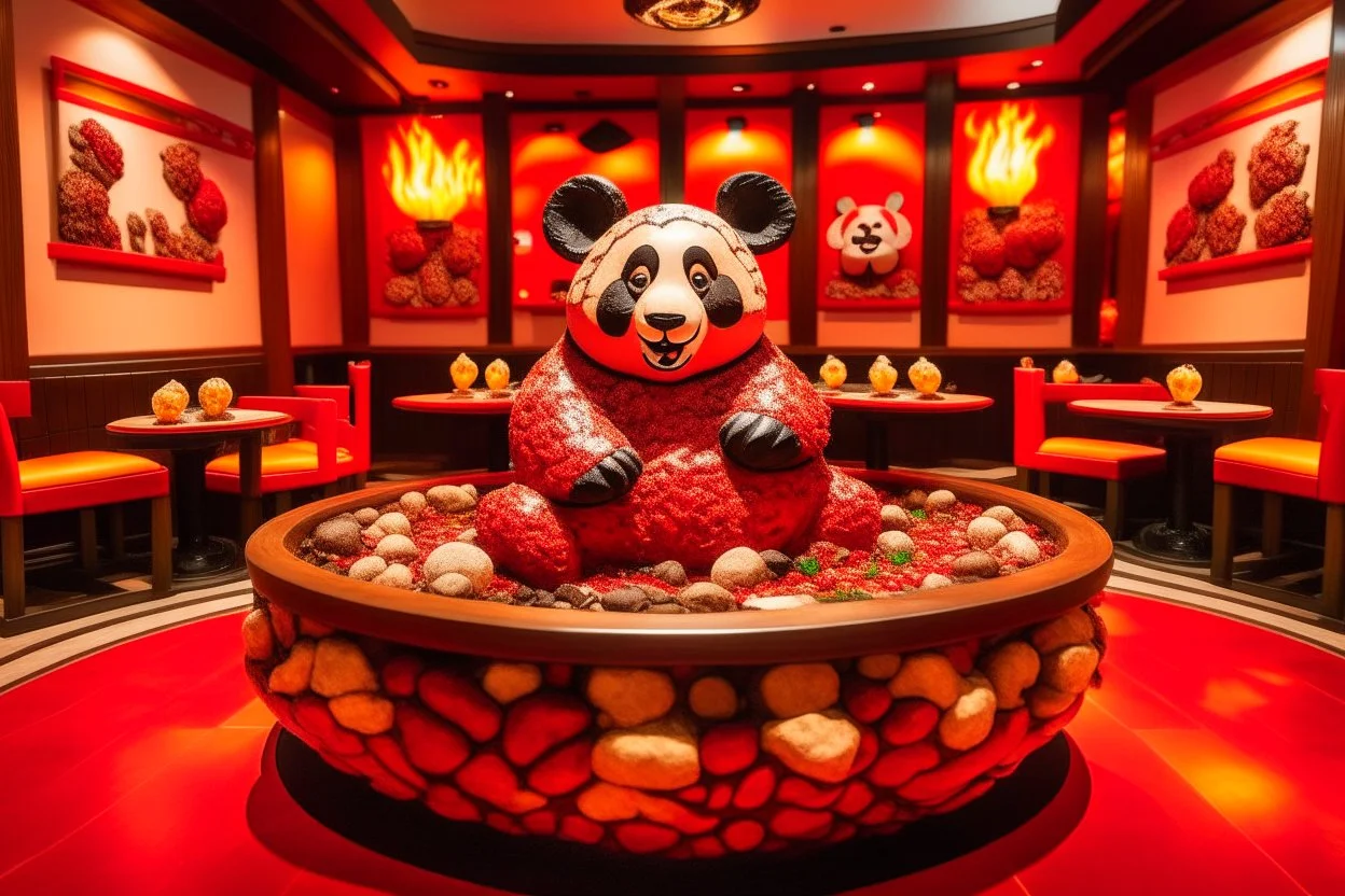 A panda restaurant with fire stones made out of red fiery Chinese paper arts