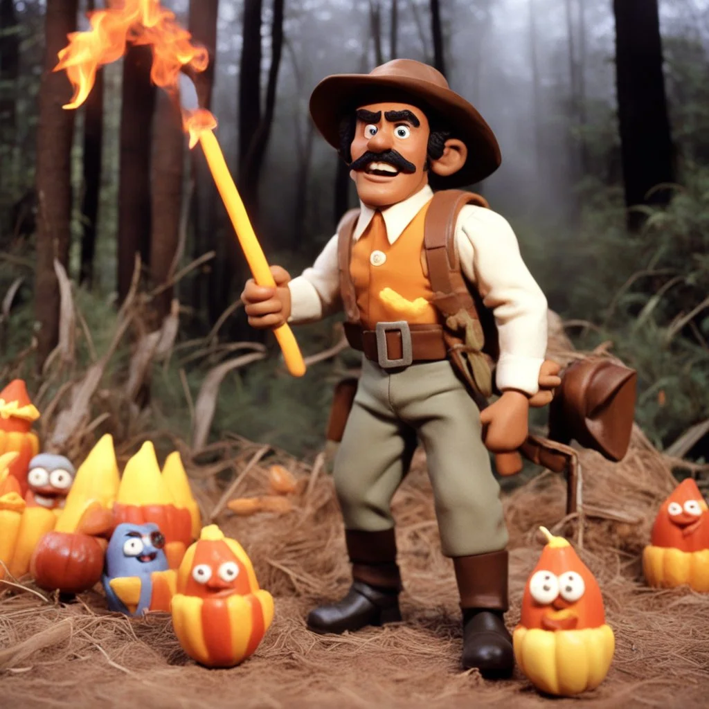 [1960’s stop-motion animation style of savage revenge] a 70s advertisement video TV featuring Demonstrating Clueless Rambo wannabe hunting for candy corn; as a claymation character toy from a claymation horror movie in burning rainbow land, from hell, creepy Videos, strange creatures everywhere , as old advertisement shot on video VHS