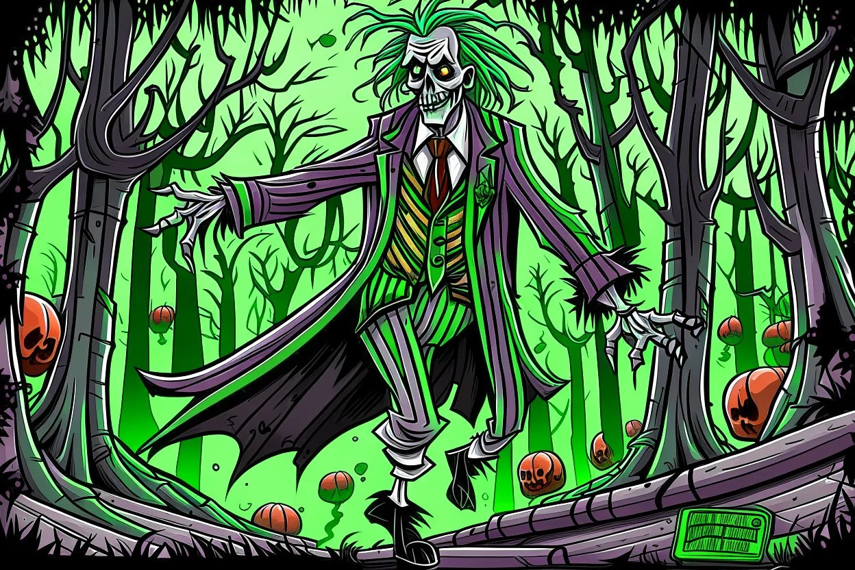 Beetlejuice style in color in the graveyard dancing