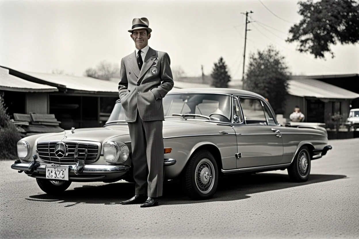 Foto von 1970 typischer Mercedes-Benz-Fahrer steht stolz neben seinem Mercedes