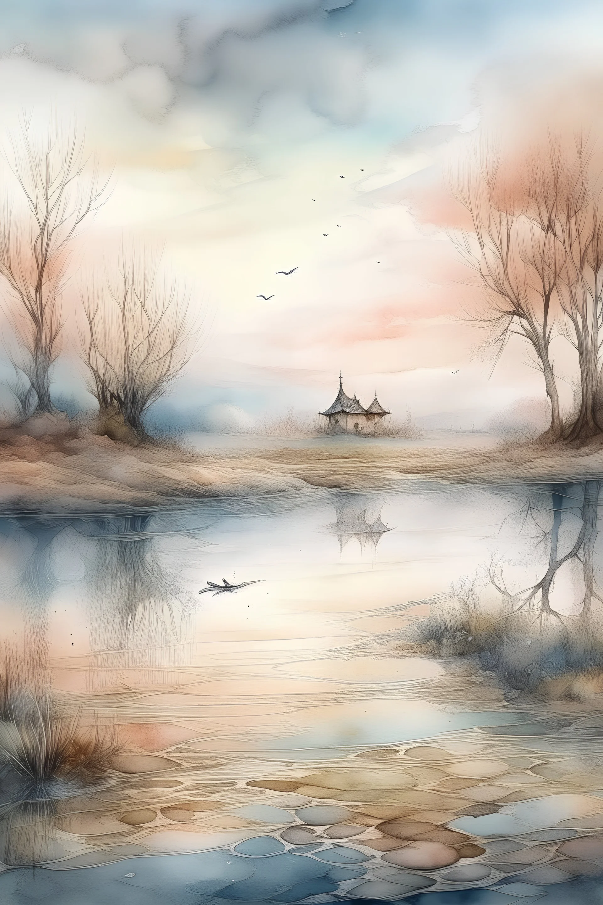 The place where the Dream and its followers live. A reflection of the sky. Watercolor, new year, fine drawing, beautiful landscape, pixel graphics, lots of details, delicate sensuality, realistic, high quality, work of art, hyperdetalization, professional, filigree, hazy haze, hyperrealism, professional, transparent, delicate pastel tones, back lighting, contrast, fantastic, nature+space, Milky Way, fabulous, unreal, translucent, glowing