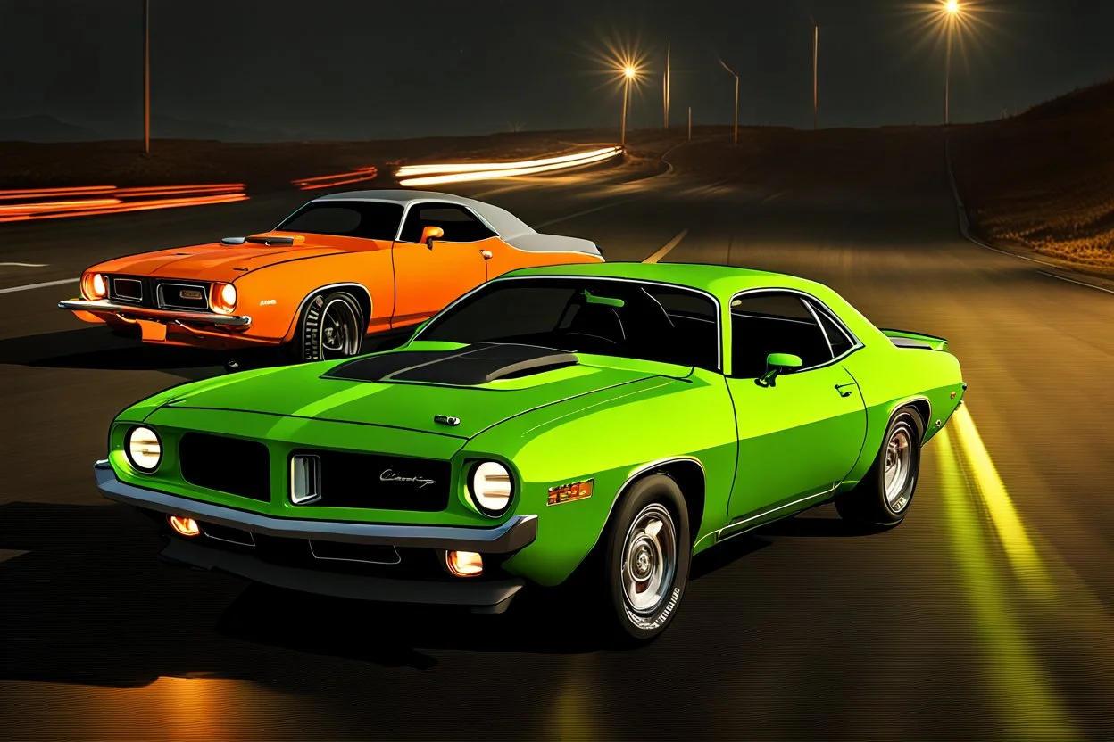 Fotorealistisch limettengrüner 1973er Plymouth Barracuda überholt orangen 1980er Chevrolet Camaro Z28 auf nächtlicher Autobahn