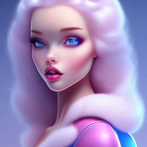 Snow white, beautiful, soft, blonde straigh long hair, blues eyes, transparent and pink and blue suit, background brillante pink and blue,