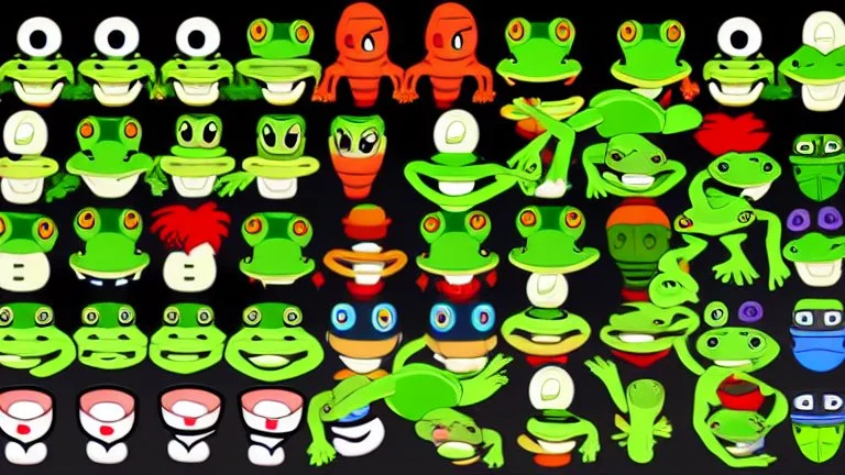 game sprite sheet of 30 images of stylized frog, view from six different angles covering 360°, collection sheet, arcade game, realistic