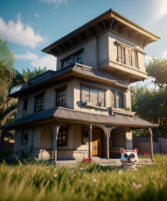 Cartoon pet with a smiley looking at a small house|mdjrny-v4 style| wide angle| intricate detailed| hyperrealistic| cinematic lighting| cinematic colors|hdr | unreal engine