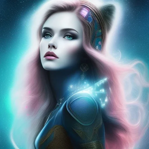 beautiful woman with long hair look the stars and northern aurora blue turquoise lights, blue, pink,