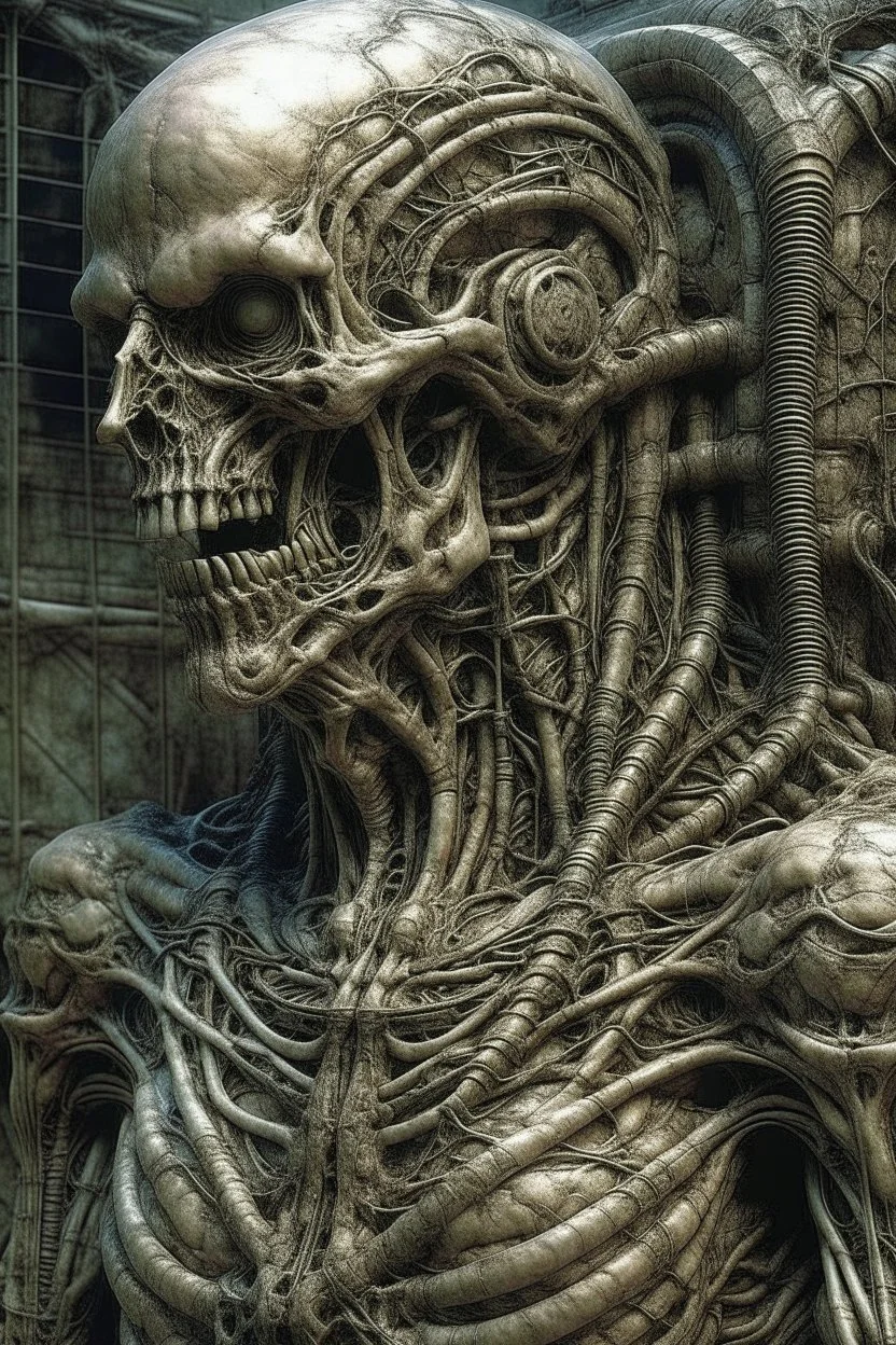 sculpture of a man , decayed and rotting with grotesque proportions and imagery. abstract grotesqueries, detailed texture, surreal horror, biomechanical design, by hr giger and beksinski