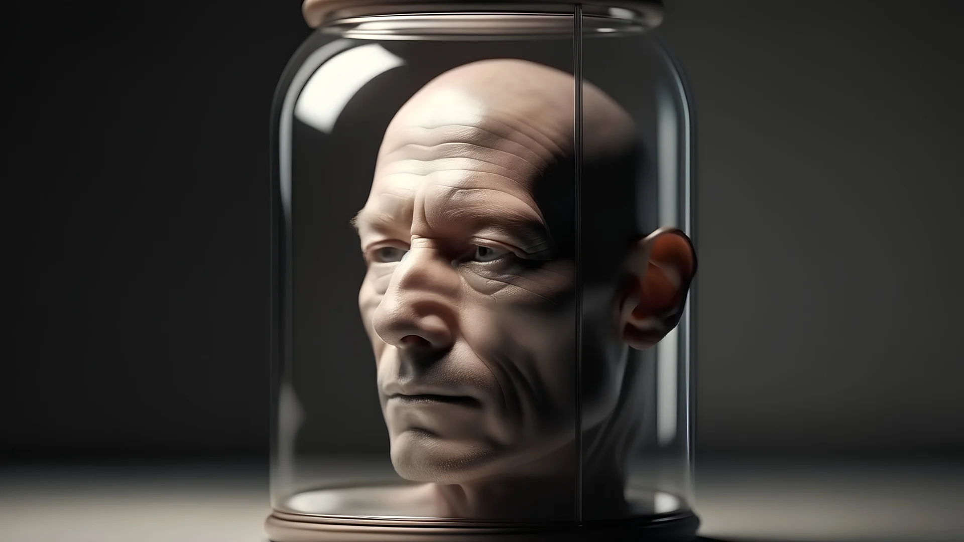 a man's head inside a glass jar, realistic close up