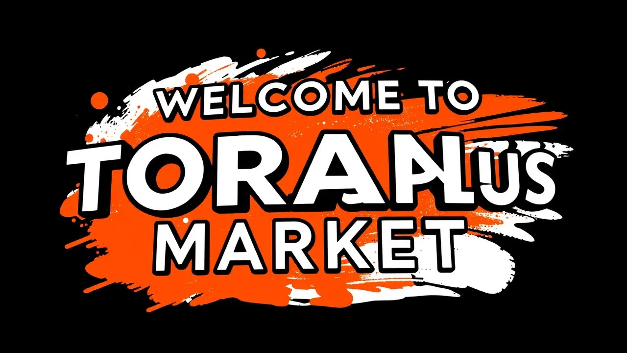 A design with the words (WELCOM TO TORANJ PLUS MARKET) in the middle of the image in a raised, three-dimensional manner with black shadows around the words on a saccodolic orange, red, and white background.