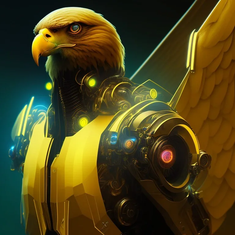 A beautiful portrait of a cyborg eagle yellow color scheme, high key lighting, volumetric light high details psychedelic background