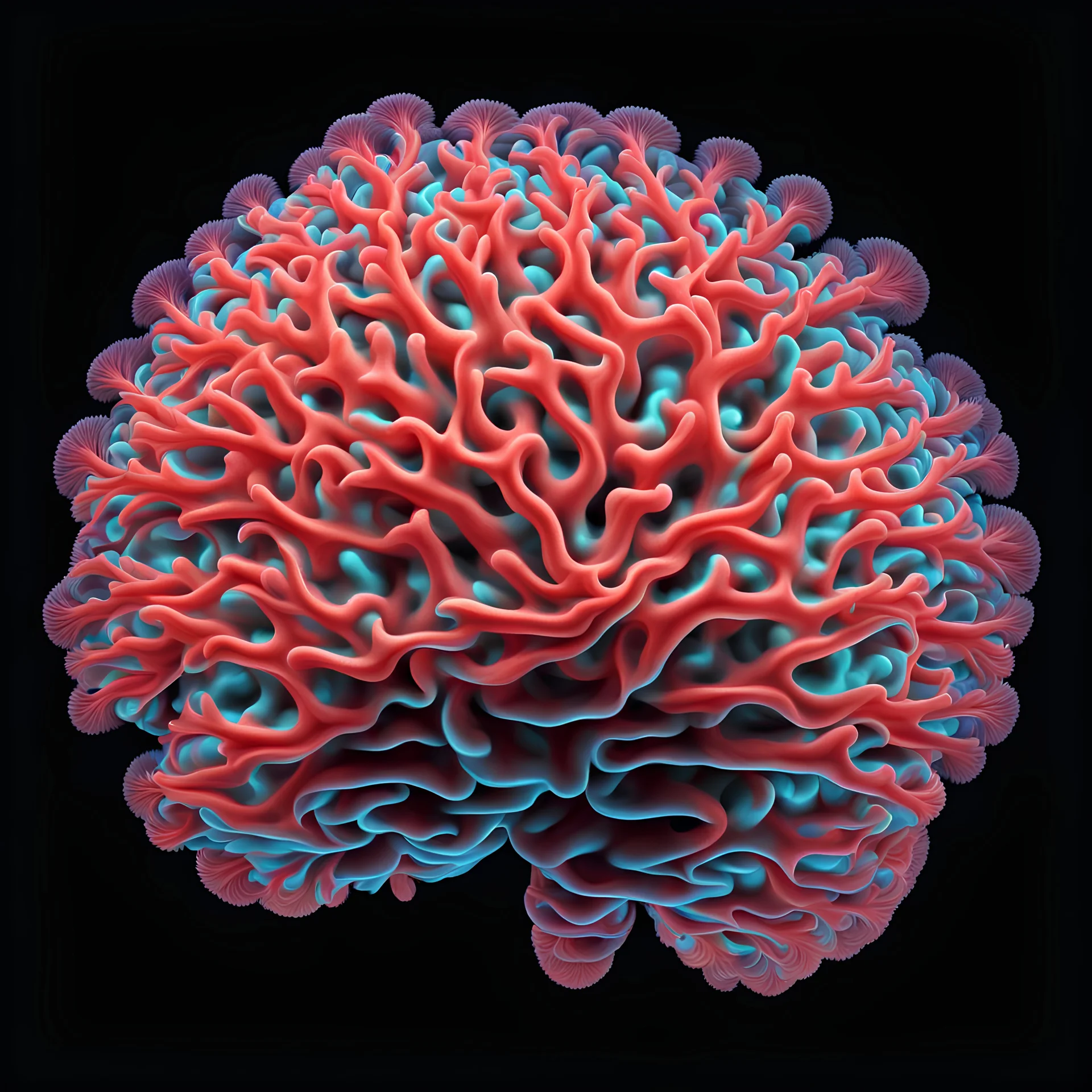 brain neon coral, single object, fractal, black background, hyper realistic lighting, surrealistic