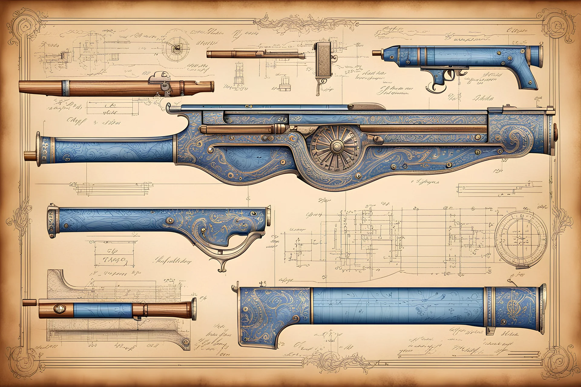 Hand drawn technical illustration , with detailed blueprints and engineering schematics of an antique matchlock pistol with highly detailed features, drawings, and technical notation, 8k, vibrant natural colors