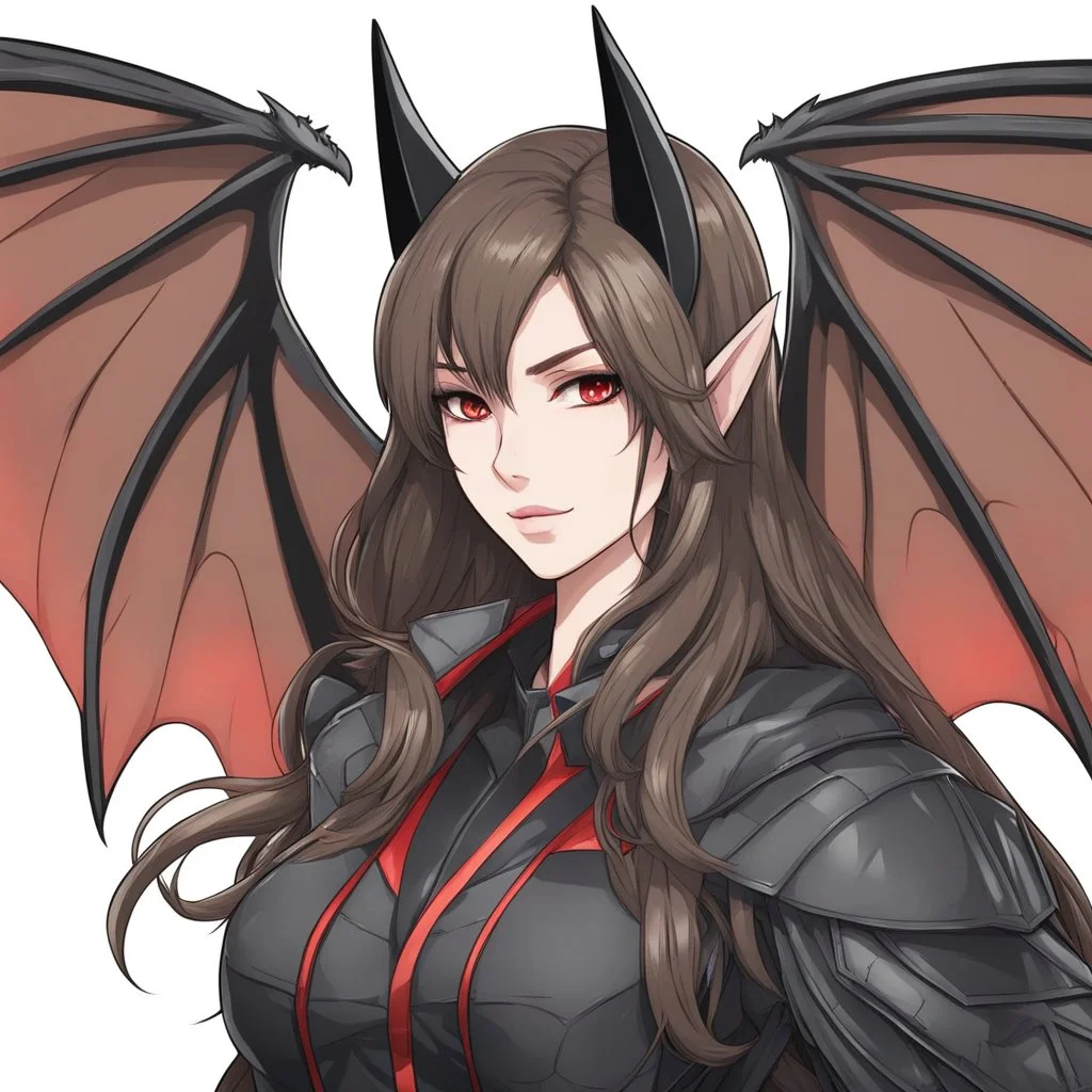 A headshot portrait of a bat demihuman which is a human with bat characteristics. woman with long brown hair, red eyes, large bat ears and bat wings, intricately detailed, cell shaded anime style