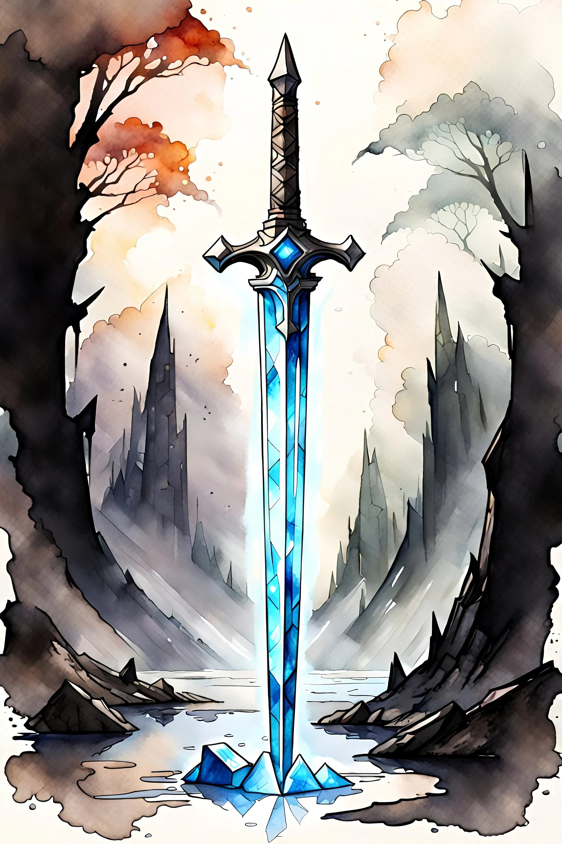 simple crystal sword in the art style of Wayne Reynolds, ink wash and watercolor, 8k, ArtStation, DeviantArt