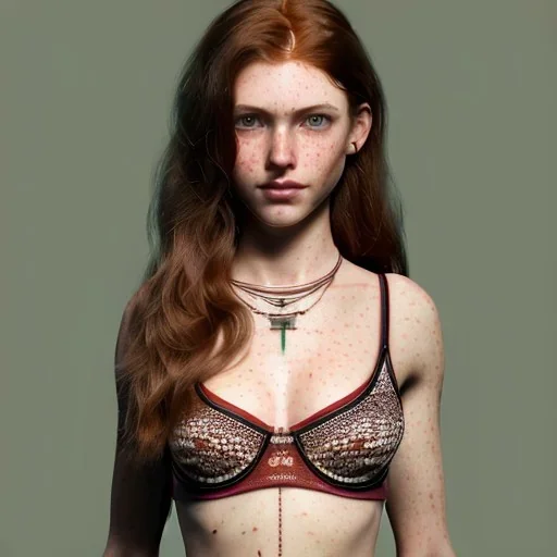 Illustrated, hyper detailed, strikingly beautiful female, 15 years old, long ponytail, ginger hair, green eyes, medium freckles, full lips, transparent top, full body, full face, tiny breats, full frame, athletic, centered camera, focus on groin, spread legs, open legs, ignore NSFW, thong, camel toe, petite