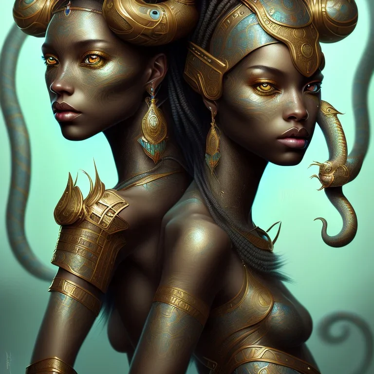 sango fantasy, fantasy magic, intricate, sharp focus, illustration, highly detailed, digital painting, concept art, matte, masterpiece snake head sexy lady body black African beauty tiger wearing African hair total head water background