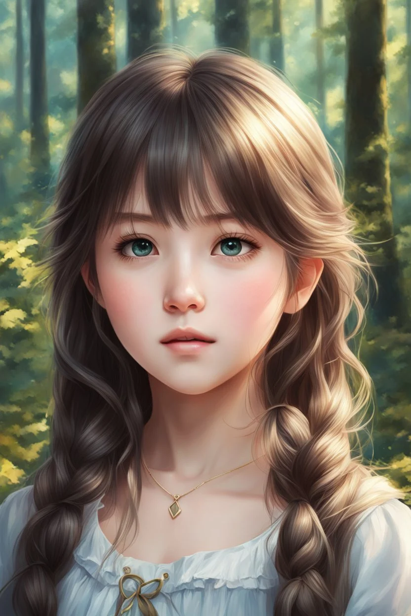 a painting of a young girl in a forest, realistic cute girl painting, realistic anime art style, anime painting, realistic anime artstyle, portrait anime girl, realistic anime 3 d style, beautiful anime portrait, realistic anime style at pixiv, detailed portrait of anime girl, kawaii realistic portrait, cgsociety 9, cute anime girl portrait, stunning anime face portrait