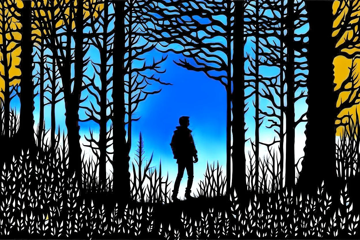 a backdrop of dusk a solitary figure silhouette of a person, is depicted, moving away from the viewer into a dense forest in a misty landscape, hinting at the need for secrecy and seclusion. The colors could be muted, evoking a sense of mystery and suspense. deep colors, harmonic stunning colors transition, black ink, mystic, surreal style, detalied, high textures, alone mood