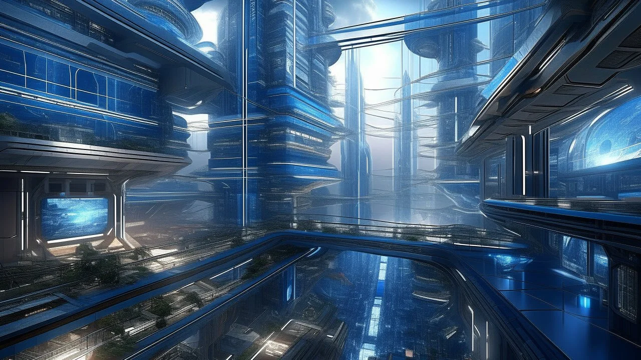 Voluminoso → Neofuturismo → Ciudad elevada → Estética de altas prestaciones y fluidez → Volúmenes aerodinámicos y cápsulas colgantes que desafían la gravedad → Vidrio inteligente → Composición de un complejo de torres interconectadas por pasarelas voladas → Iluminación nocturna con LEDs dinámicos y reflejos en las fachadas → Paleta de azules cibernéticos, grises techados y blancos fríos → Atmósfera de metrópolis soñada y velocidad sintética.