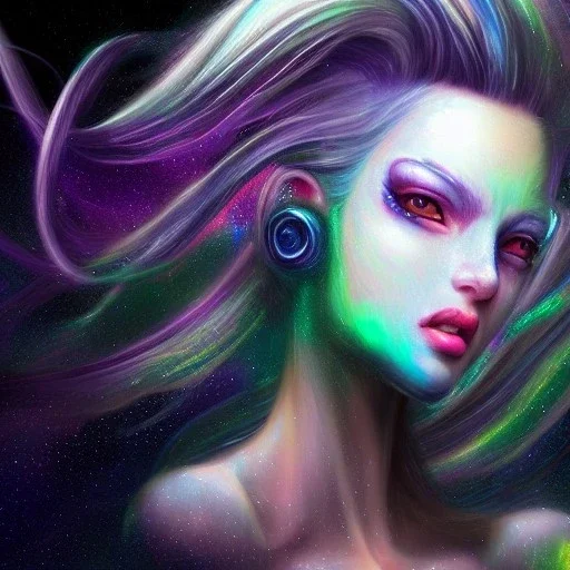 Autoportrait, galaxy hairs beautiful alien girl ultra-realistic, highly detailed, masterpiece, delicate detailed, sharp focus, insanely detailed, fantasy art, intricate detailed, elegant, fog, Special Lighting, Vibrant, color Scheme, forest, unreal engine 5, trending on artstation, anime