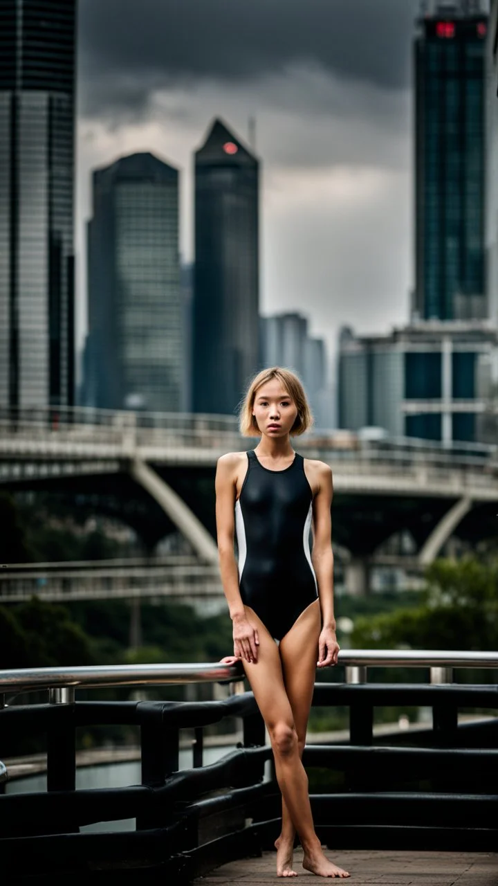 beautiful anorexic asian girl, total shot, shiny black triathlon swimsuit, short blond wavy bob hair, blurred city background