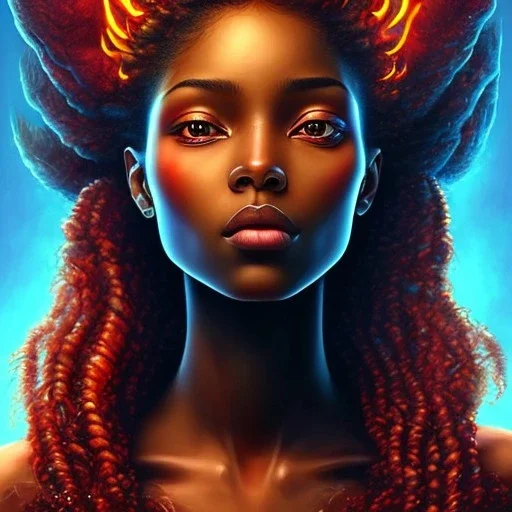 3D. Detailed Painting .realistic. Dark skin women. Beautiful. the faces of two young black women. Warm. Fire nymphs emerging from the flames.red.. Energy. Focus. THeir hair looks like smoke .smoke curling. Dreadlocs. Their skin is the colour of charcoal . Their hair moves like smoke. . their clothing is made of flames, red. Orange. Yellow. White and gold